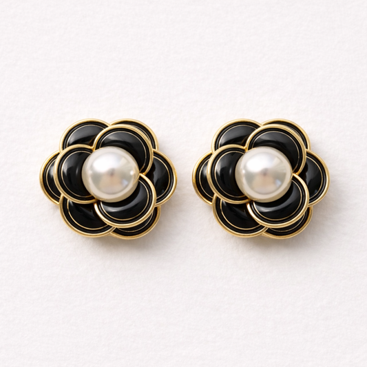 Black and gold decorative statement button with pearl centre for blouses, shirts, blazers, coats and jackets – Plutee Camilla