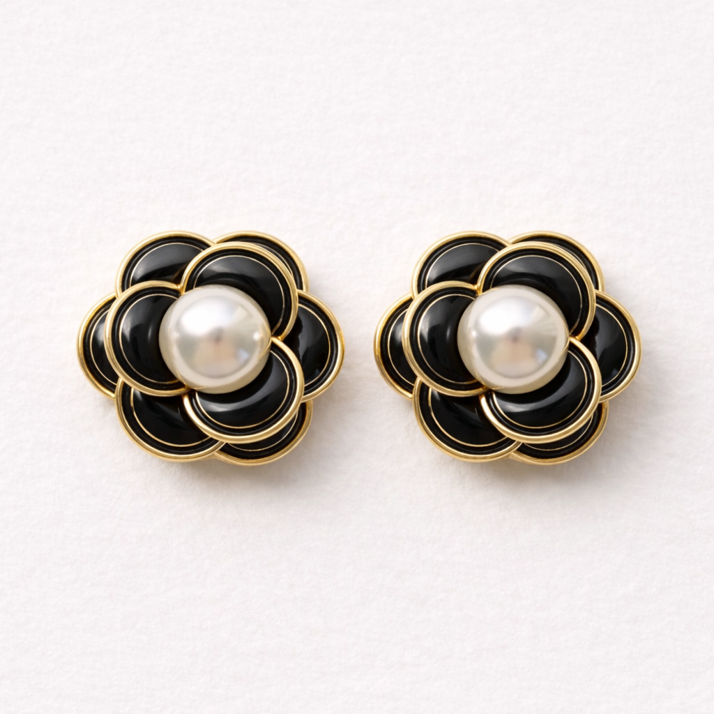 Black and gold decorative statement button with pearl centre for blouses, shirts, blazers, coats and jackets – Plutee Camilla