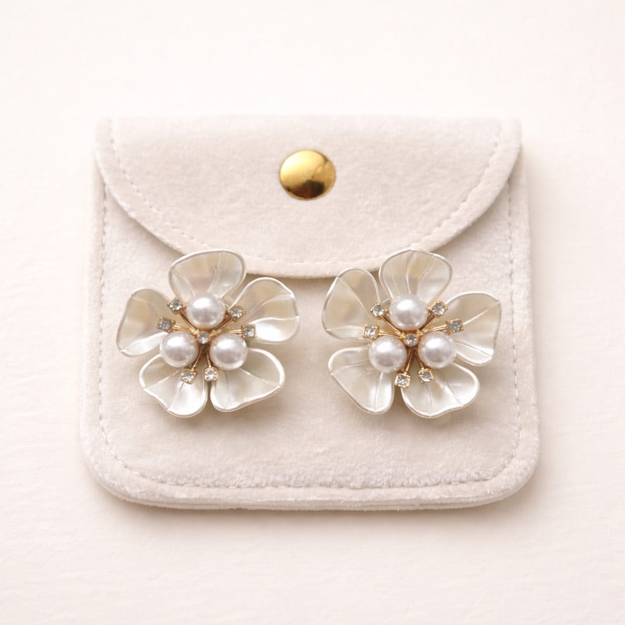 Elise pearl flower shirt buttons on Plutee pouch