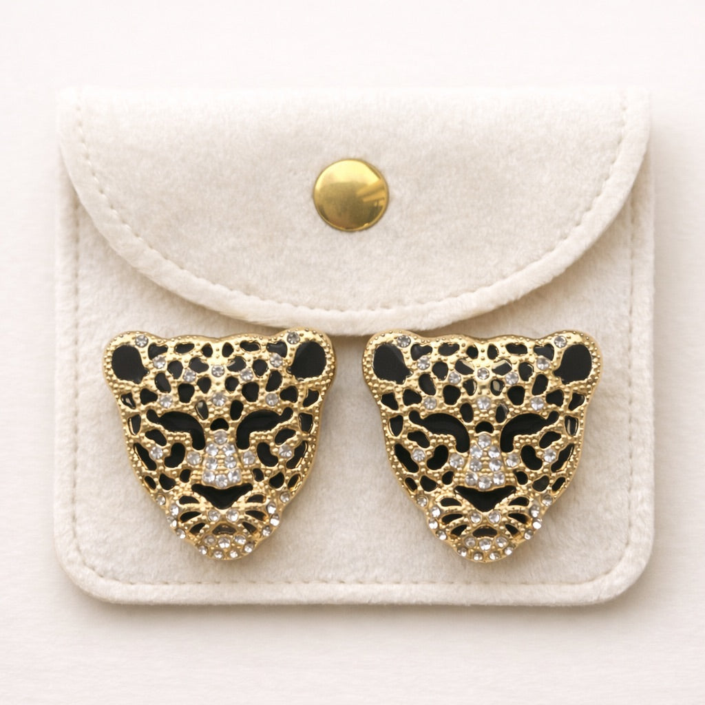 Cleo gold leopard shirt buttons on Plutee pouch
