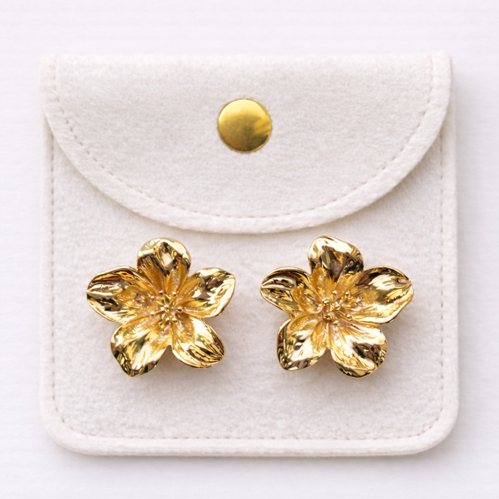 Mila gold flower shirt buttons on Plutee pouch